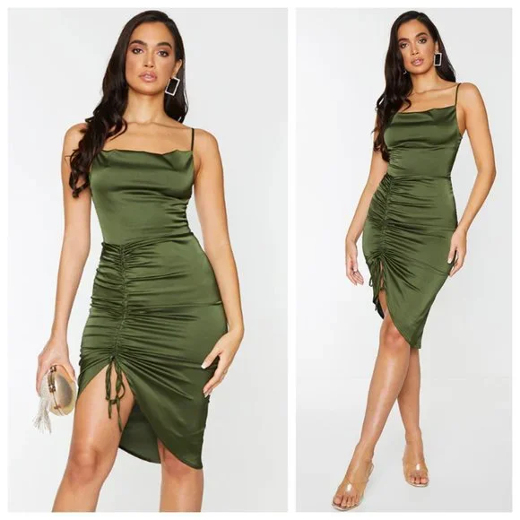 PLT Olive Green Satin Strappy Ruched Side Cowl Neck Midi Dress